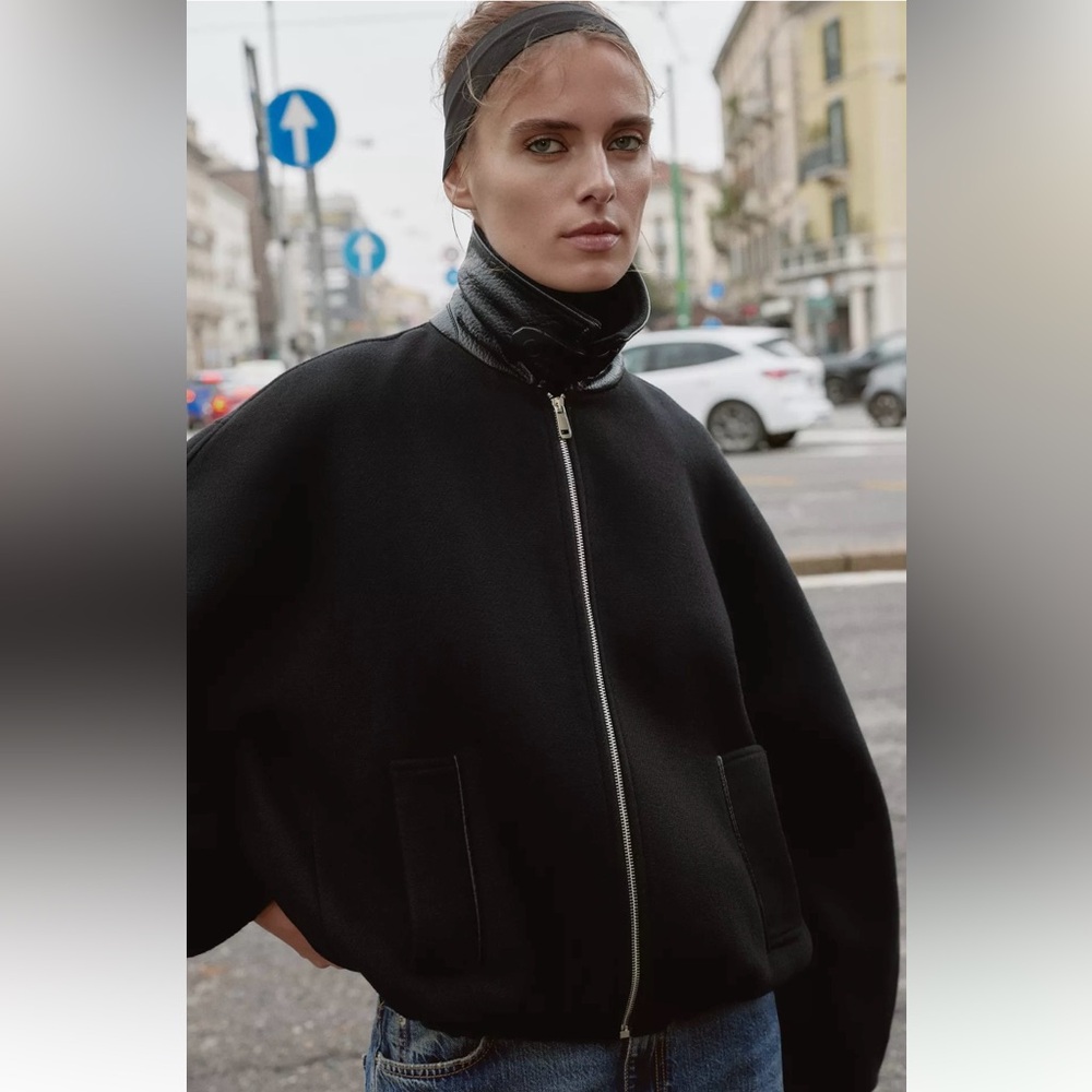 New ZARA Contrast Collar Wool Balloon Bomber Jacket